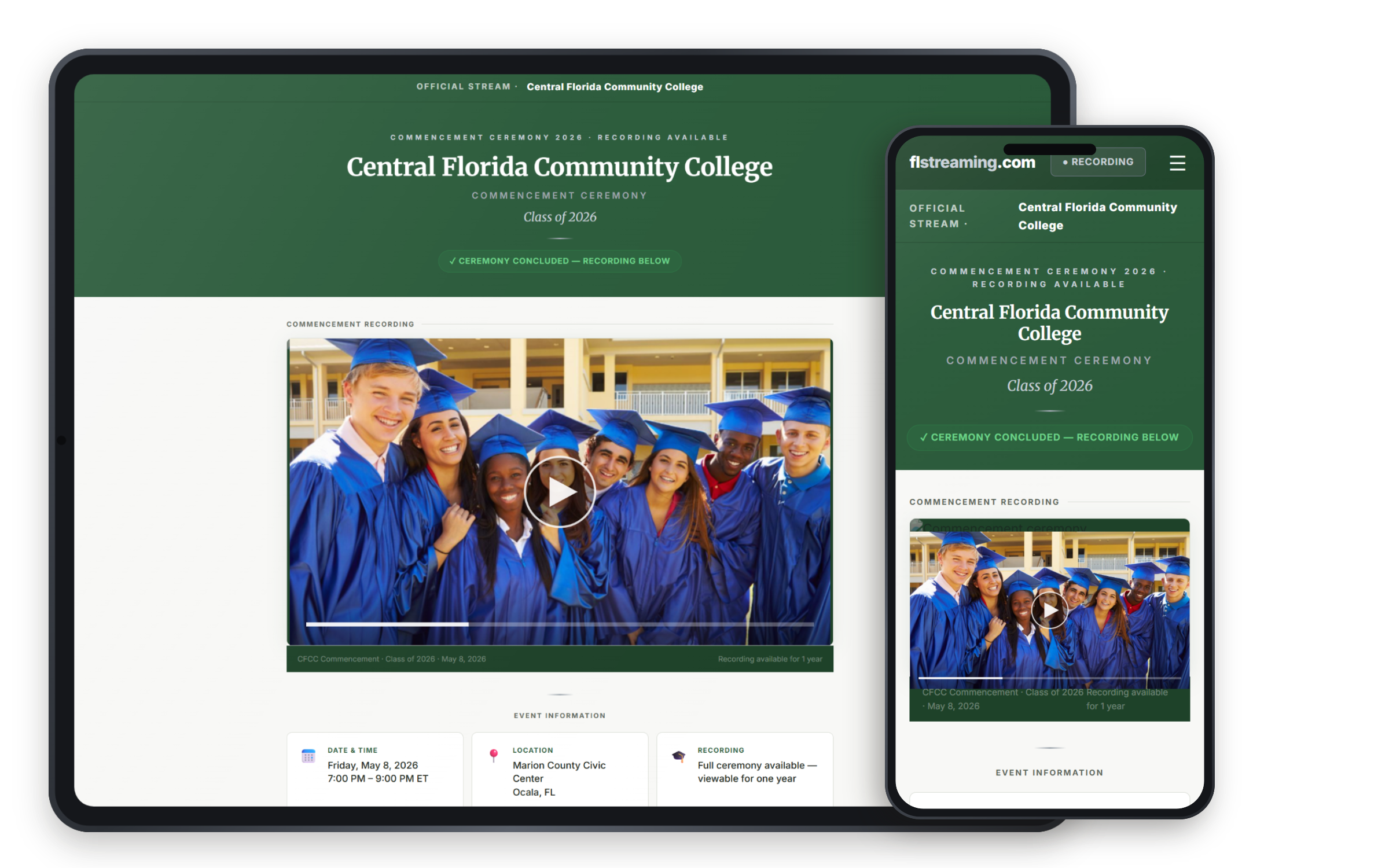 Central Florida Community College commencement 2026 viewing page preview