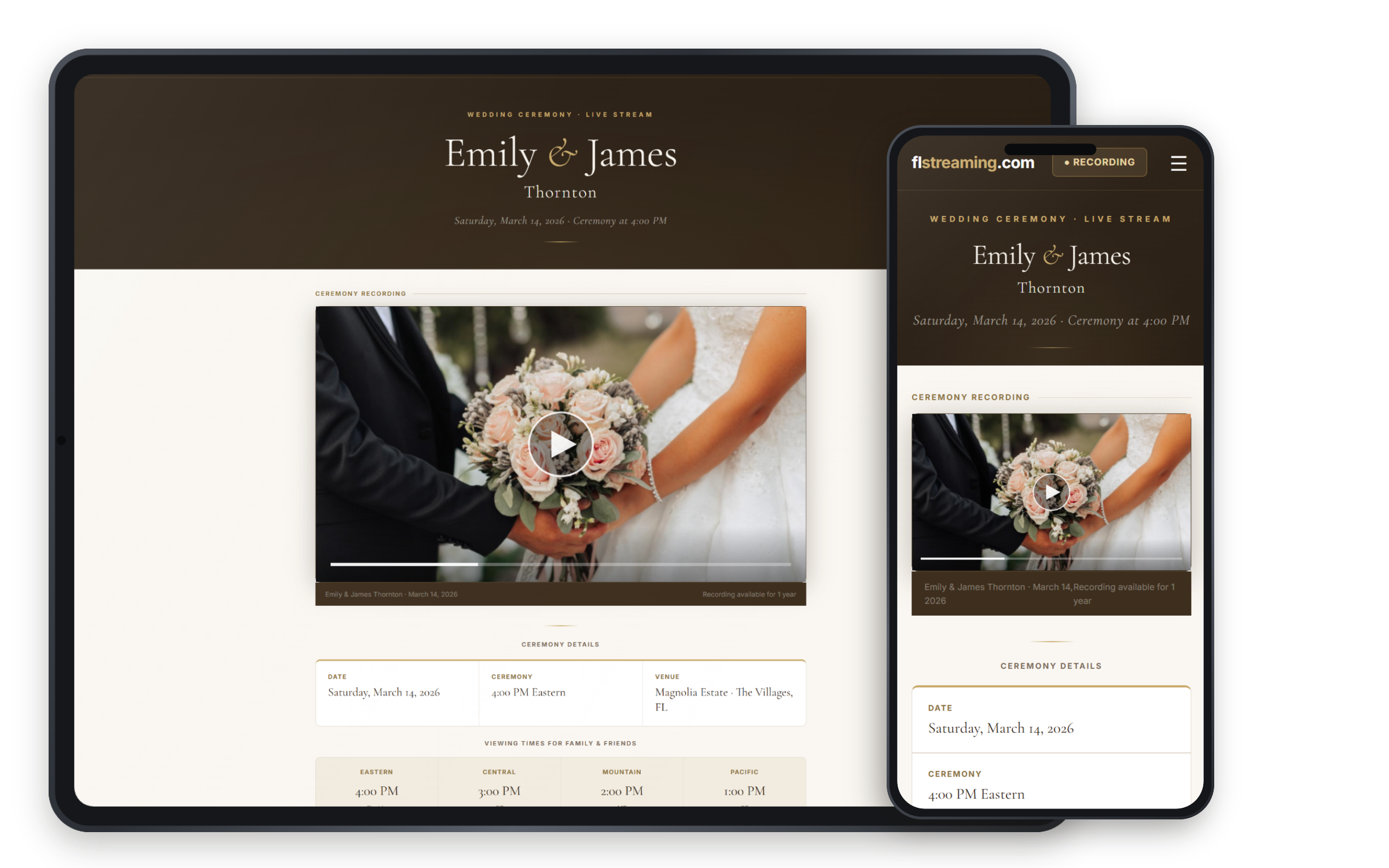 Emily and James Thornton wedding viewing page preview