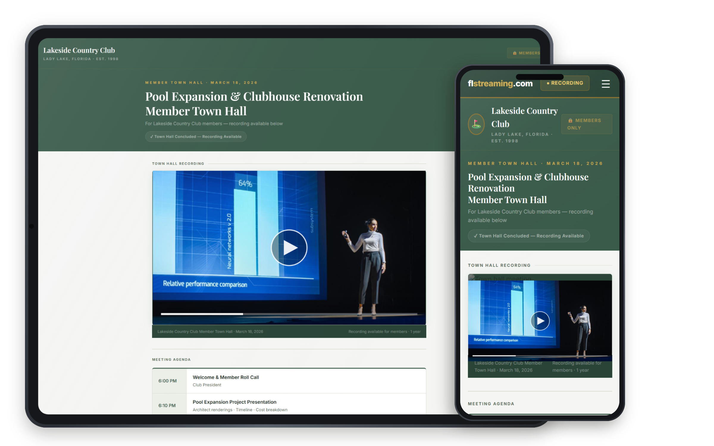 Lakeside Country Club member town hall viewing page preview