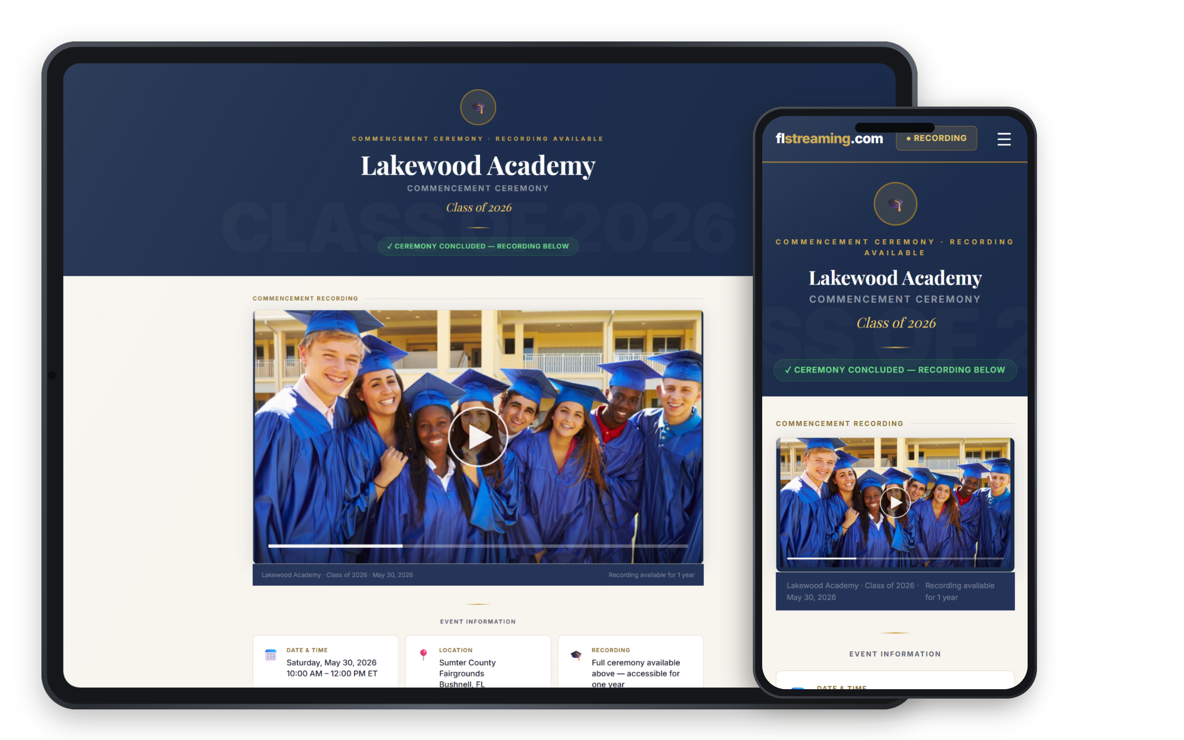 Lakewood Academy commencement 2026 viewing page preview