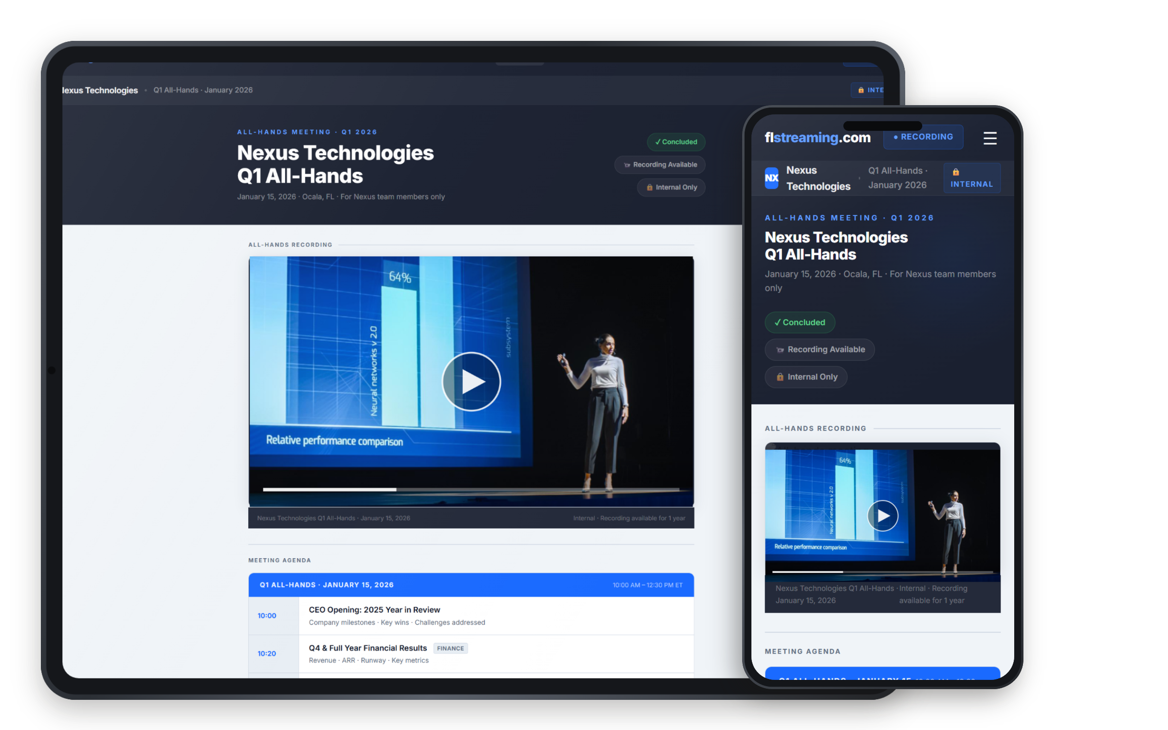 Nexus Technologies Q1 all-hands meeting viewing page preview