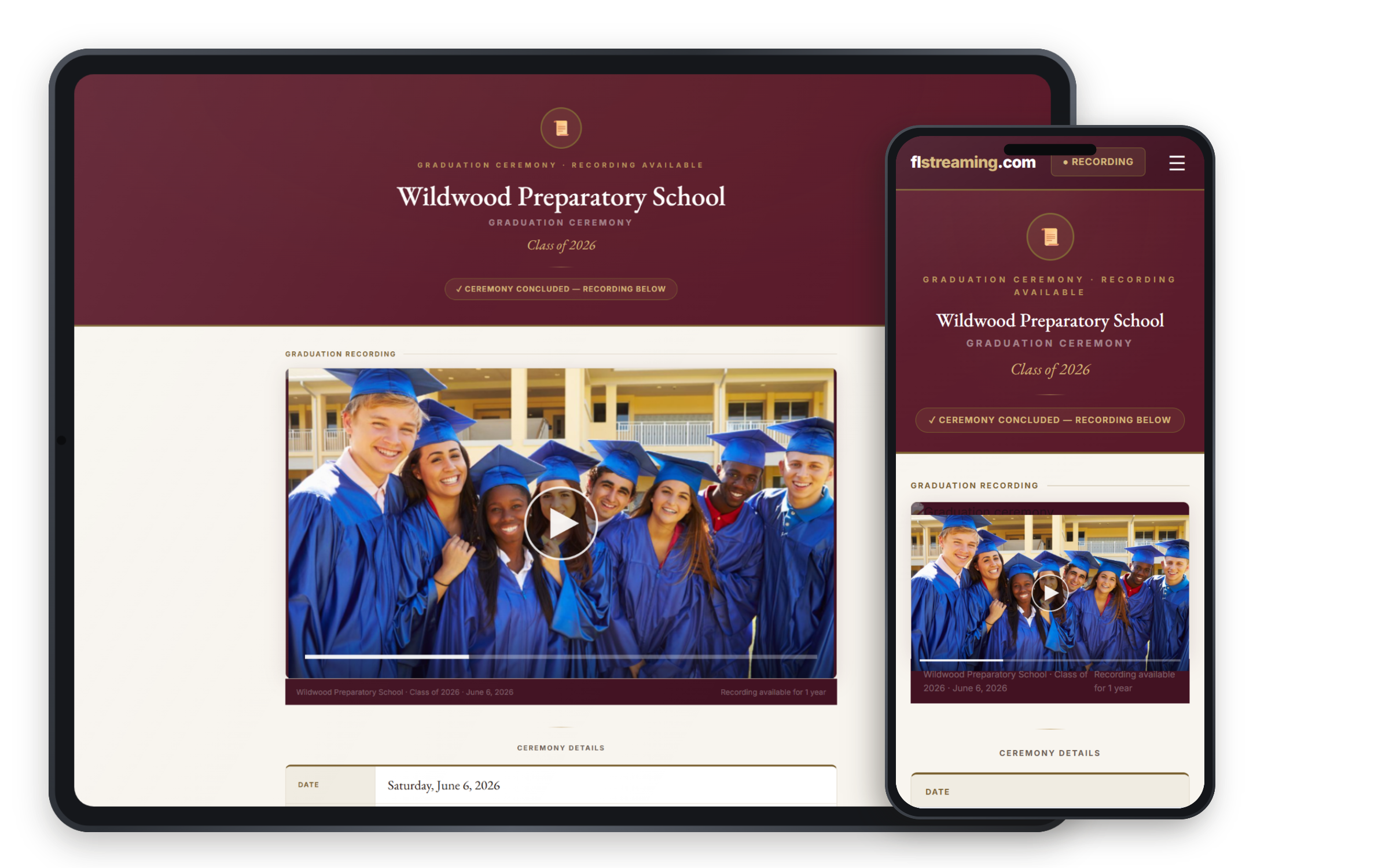 Wildwood Preparatory School graduation 2026 viewing page preview