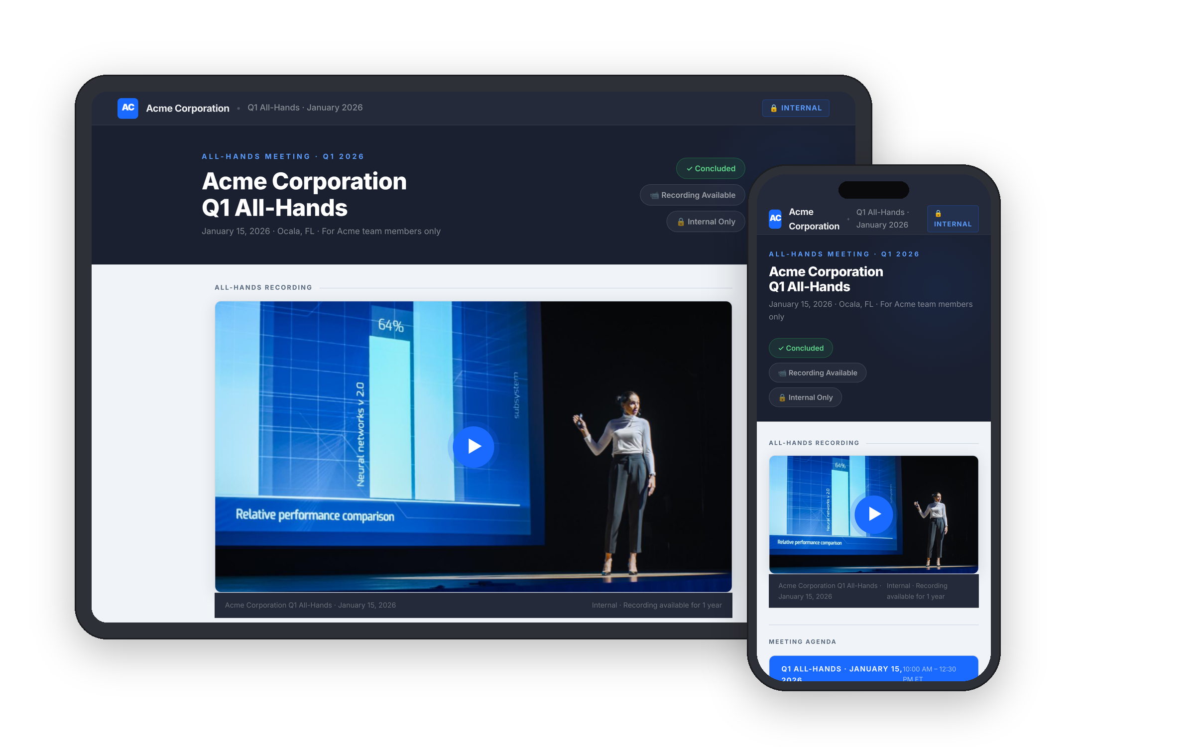 Acme Corporation Q1 all-hands meeting viewing page preview