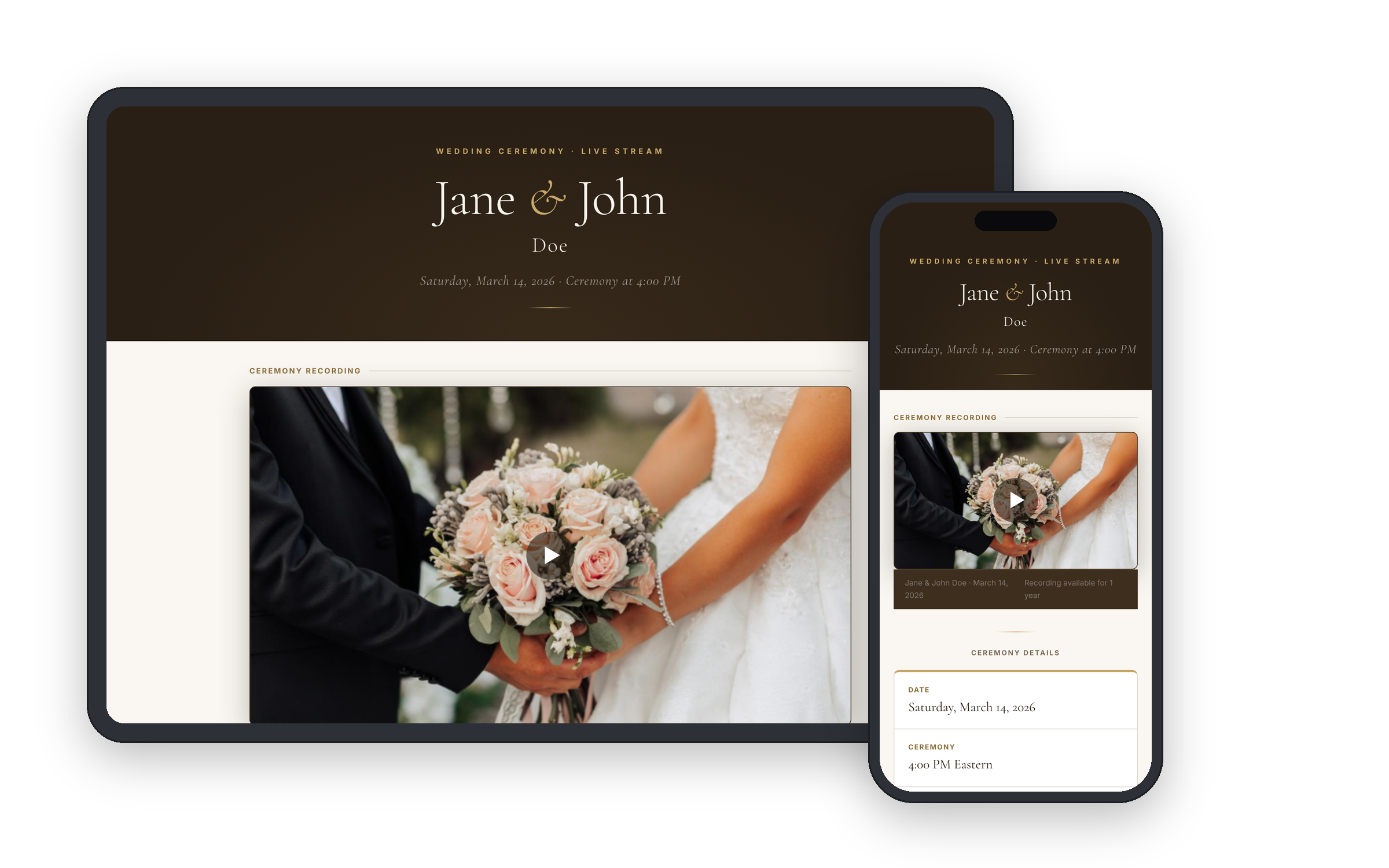 Jane and John Doe wedding viewing page preview