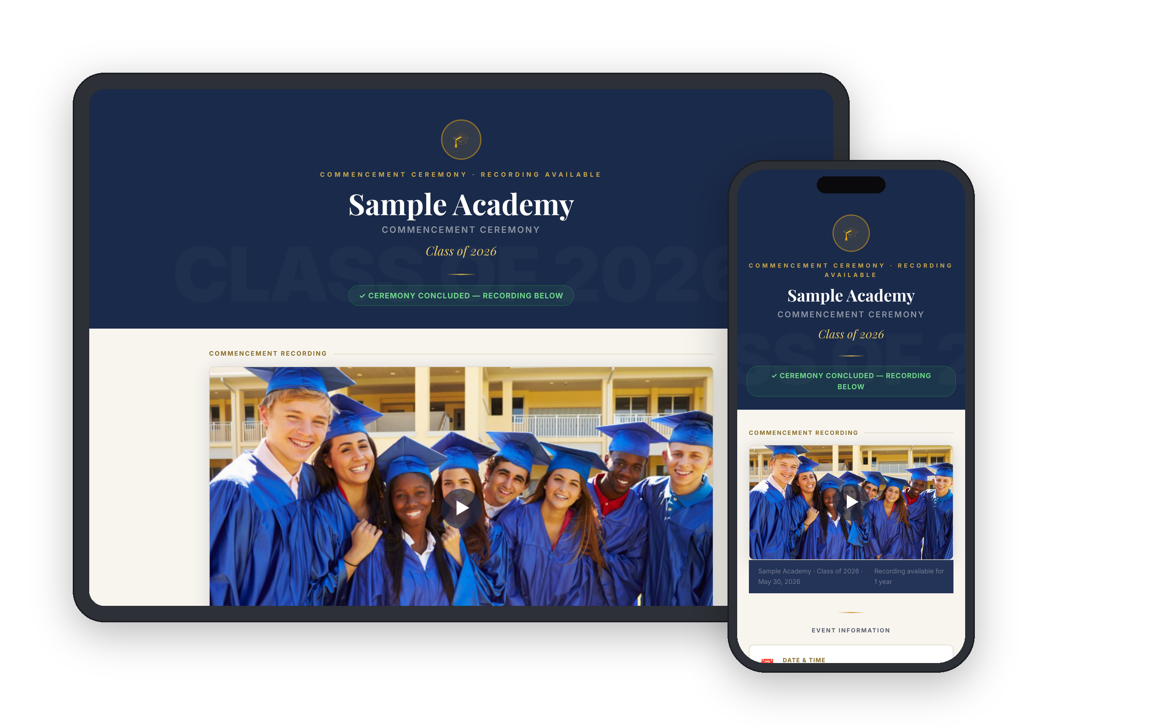 Sample Academy commencement 2026 viewing page preview