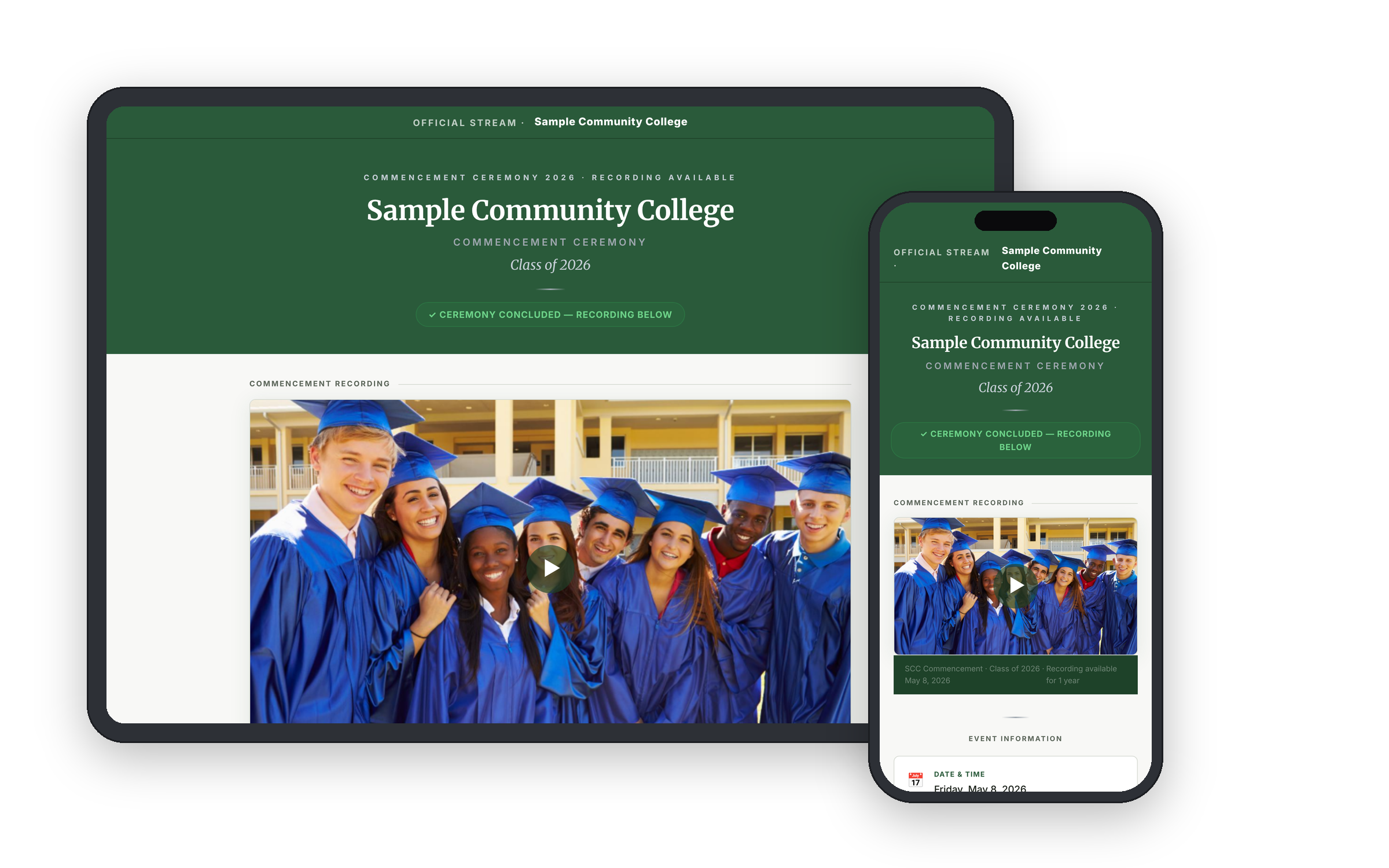 Sample Community College commencement 2026 viewing page preview