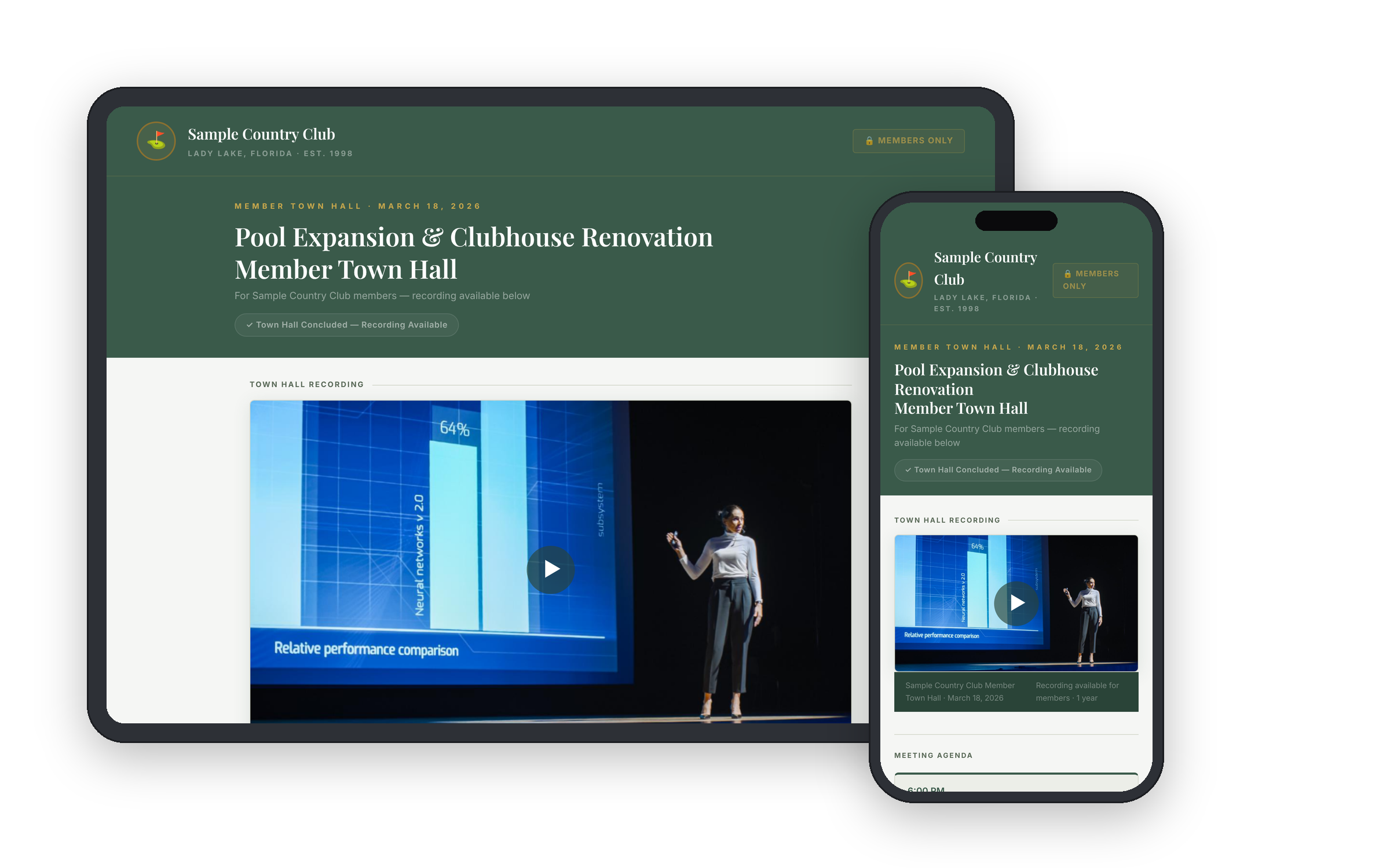 Sample Country Club member town hall viewing page preview