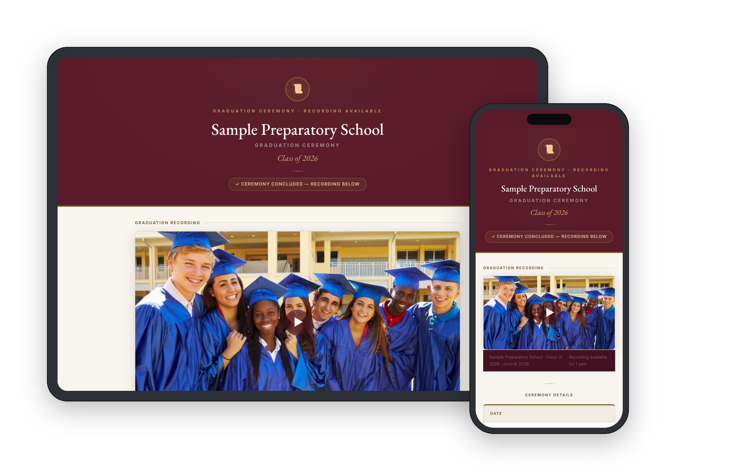 Sample Preparatory School graduation 2026 viewing page preview