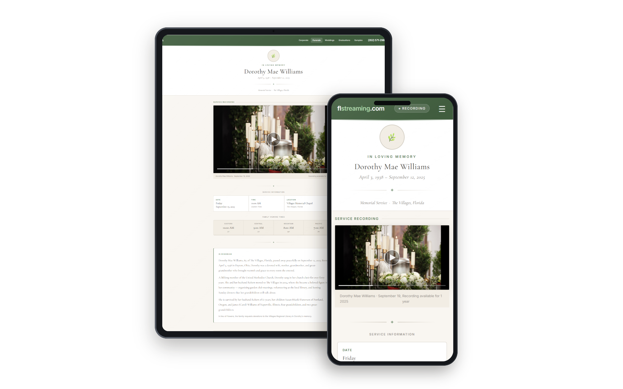 Dorothy Mae Williams memorial service viewing page — desktop and mobile preview
