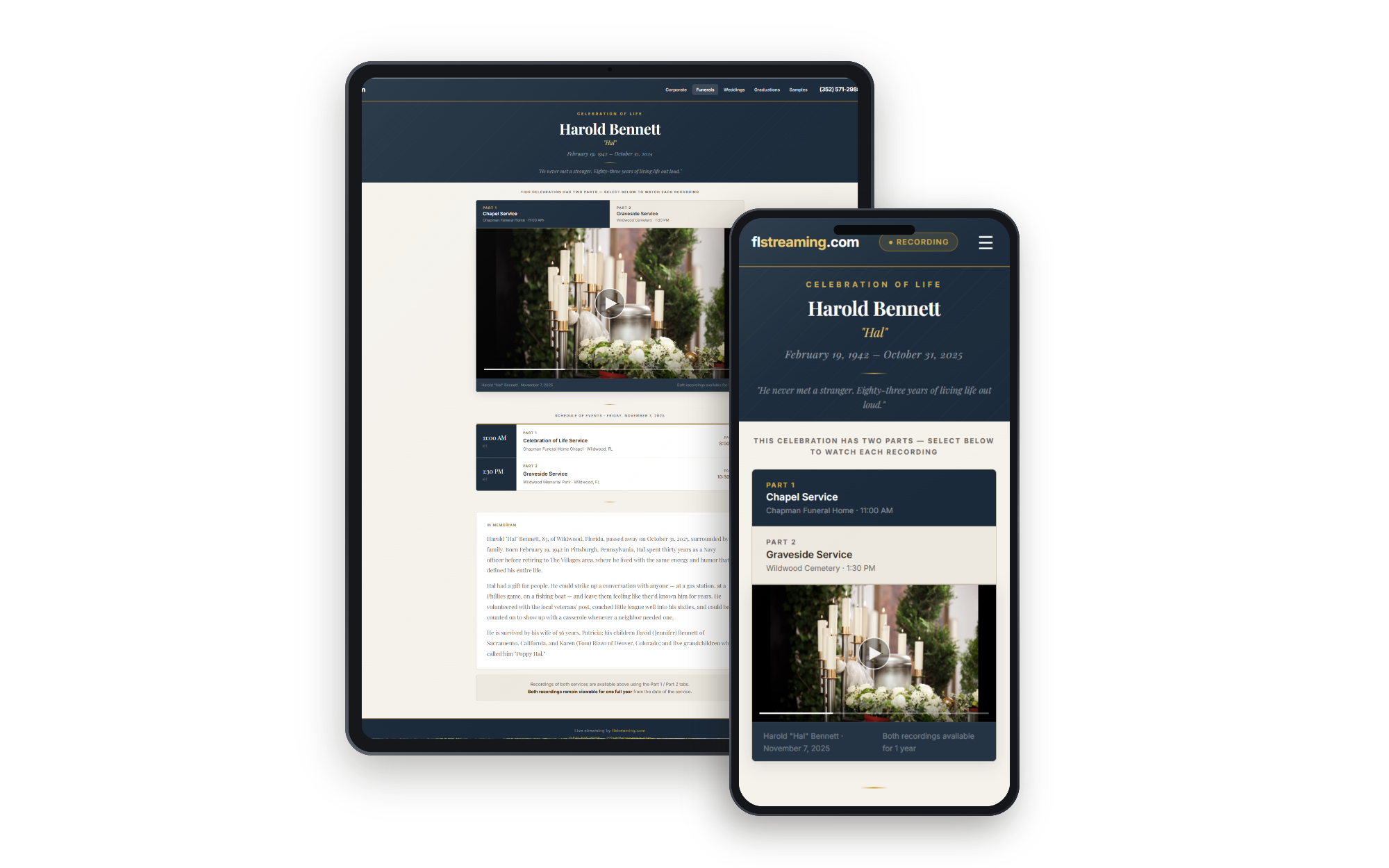 Harold Bennett celebration of life viewing page — desktop and mobile preview