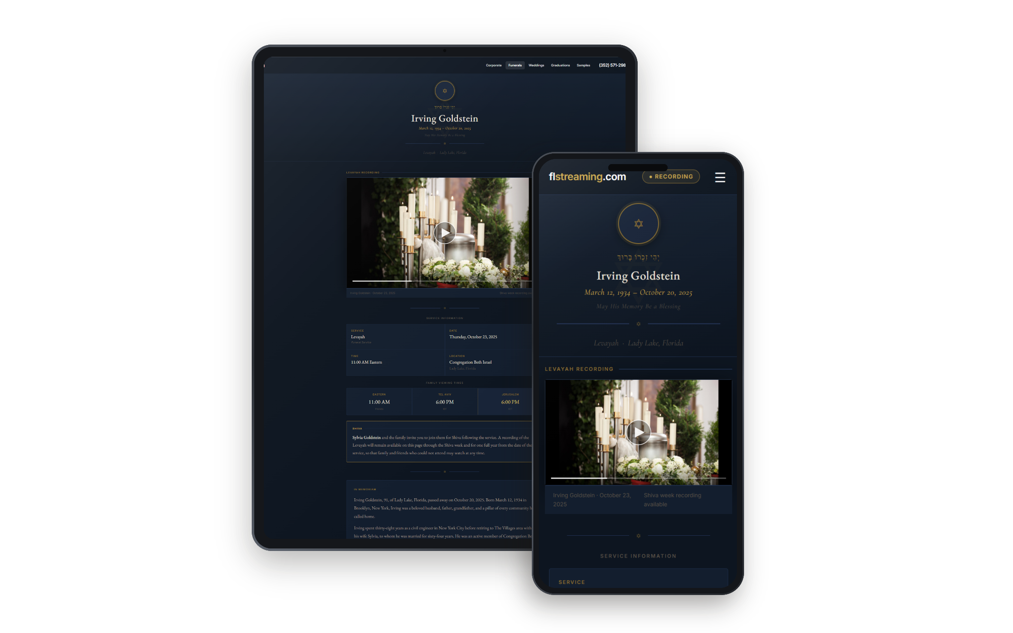 Irving Goldstein Jewish Levayah viewing page — desktop and mobile preview
