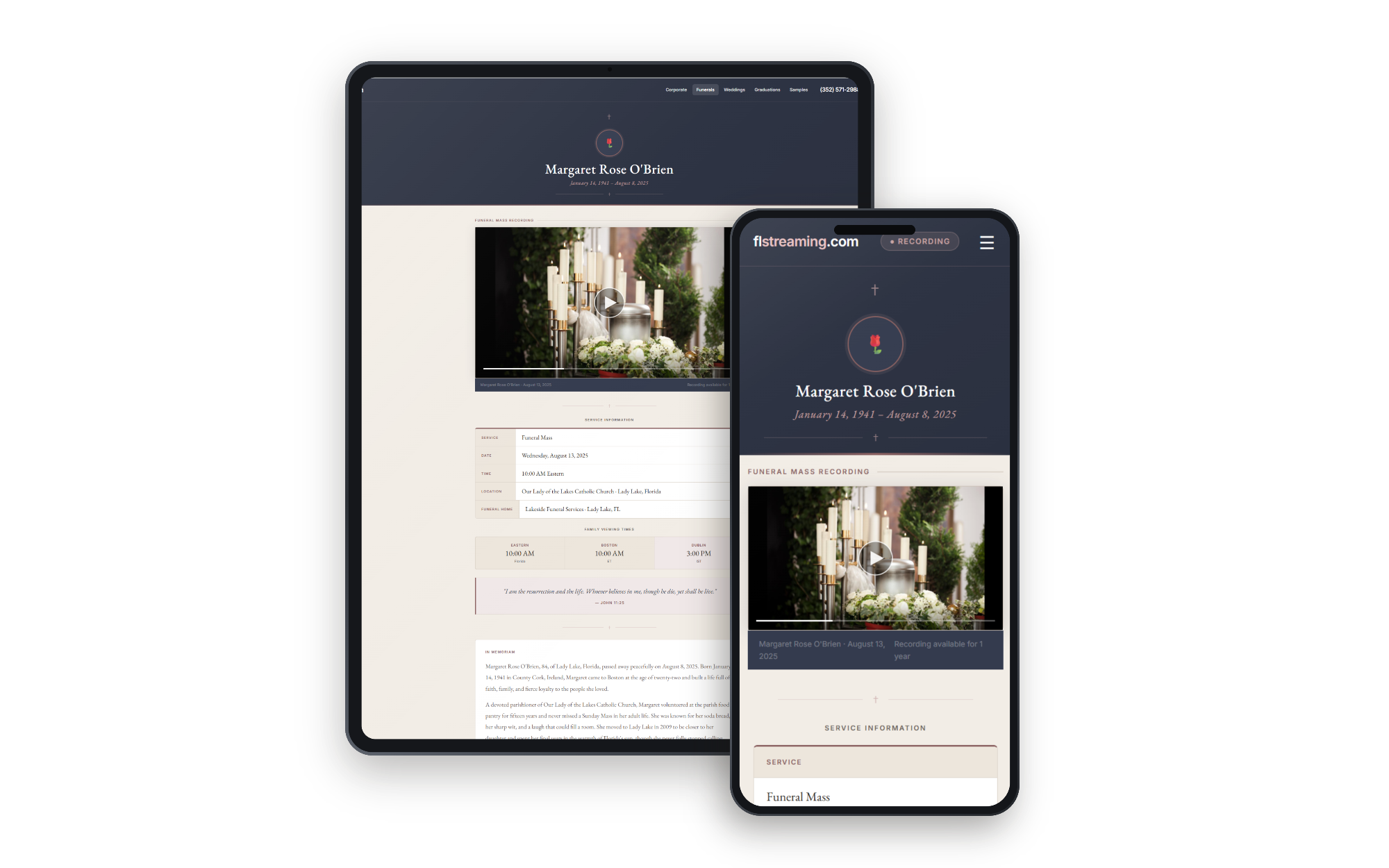 Margaret Rose O'Brien funeral mass viewing page — desktop and mobile preview