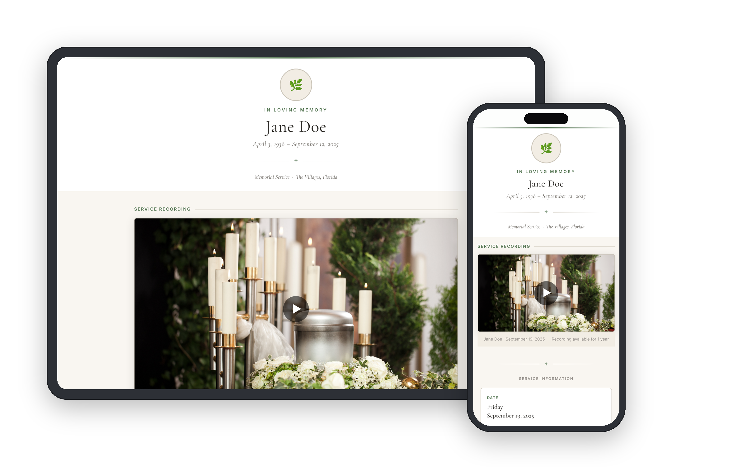 Jane Doe memorial service viewing page — desktop and mobile preview