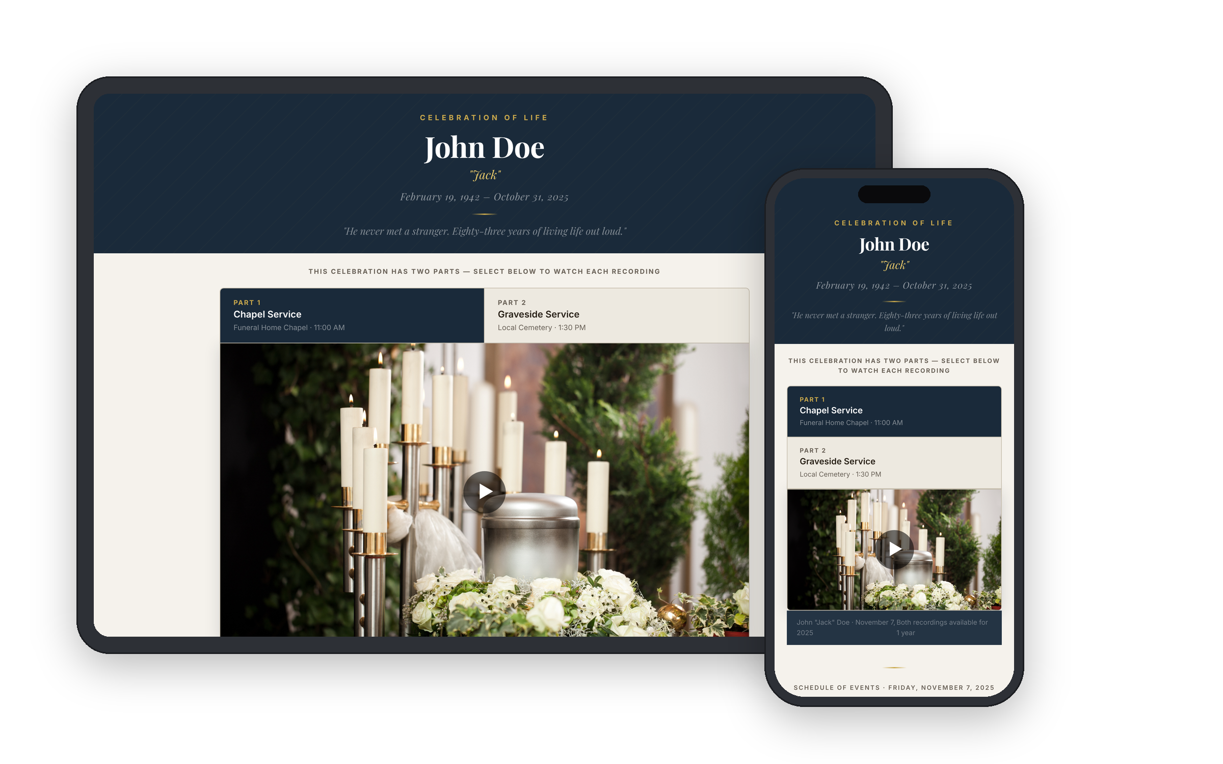 John Doe celebration of life viewing page — desktop and mobile preview