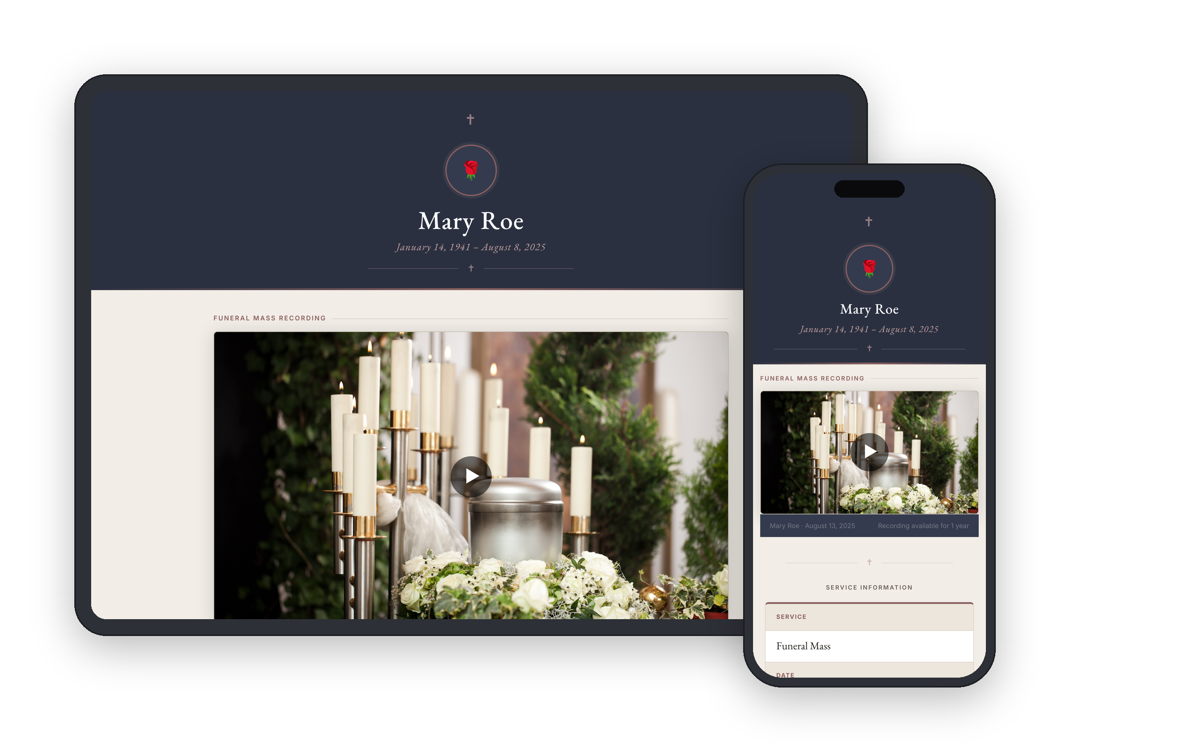 Mary Roe funeral mass viewing page — desktop and mobile preview