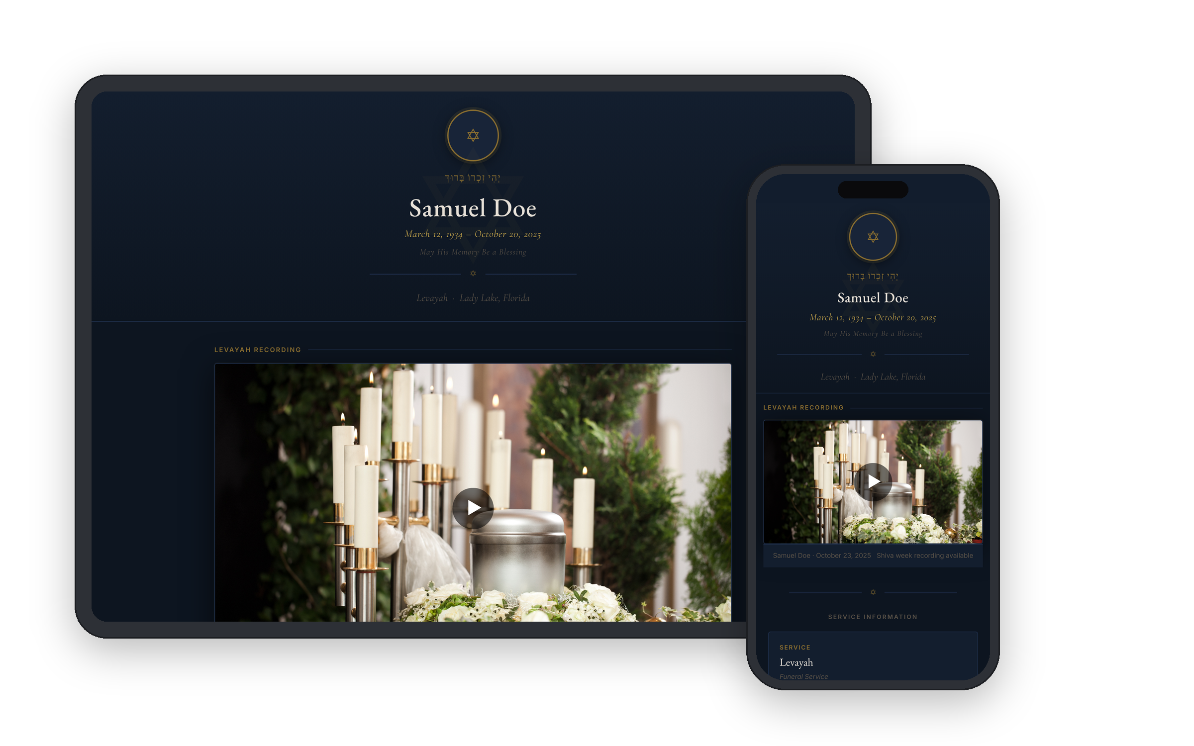 Samuel Doe Jewish Levayah viewing page — desktop and mobile preview